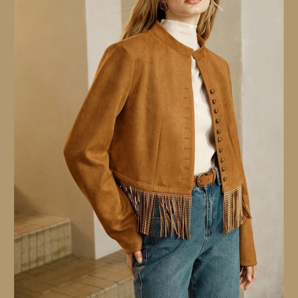 Camel Faux Suede Studded Fringe Hem Stand Collar Cropped Blazer Jacket